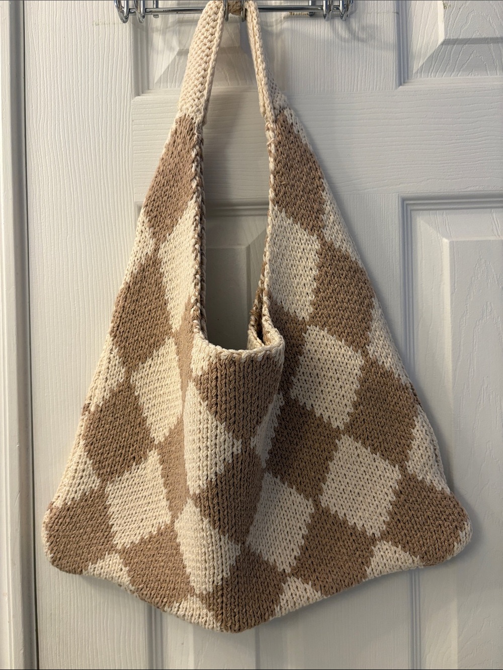 Kopari Woven Checker Knit Tote Bag in Cream and Tan - Picture 4 of 5